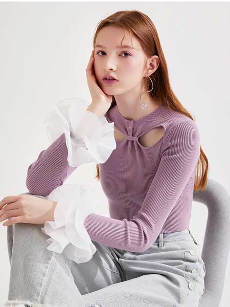 糖力潮品(TAMMYTANGS)女装品牌2020春夏新品镂空半高领荷叶边长袖毛针织衫