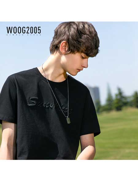 woog2005男装品牌2020春夏黑色圆领男士短袖t恤 新款字母刺绣纯棉半袖体恤