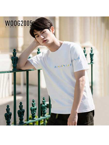 woog2005男装品牌2020春夏黑色圆领男士短袖t恤 新款字母刺绣纯棉半袖体恤