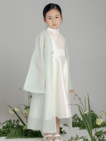 贝的屋童装品牌2020春夏清新绿色外套薄款白色旗袍连衣裙