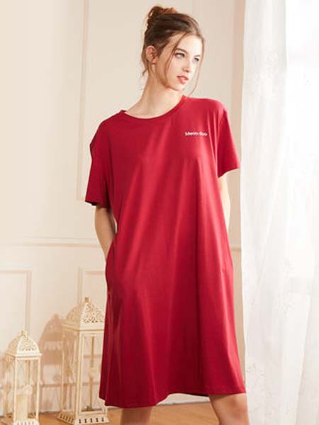 桃花季女装品牌2020春夏红色棉质舒适休闲布袋女士短袖睡衣睡裙家居服贴身舒适 柔软透气 自然垂感 居家可外穿