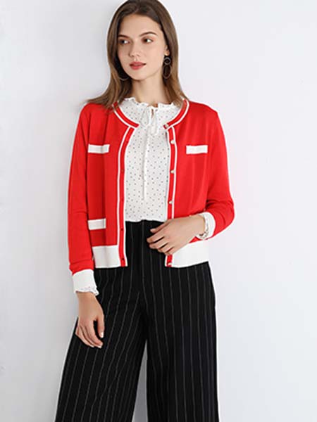 雅意娜菲女装品牌2020春夏红色针织外套