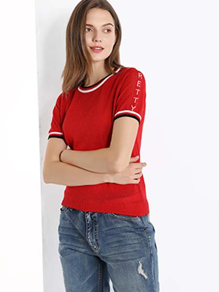 雅意娜菲女装品牌2020春夏黑色边红色T恤