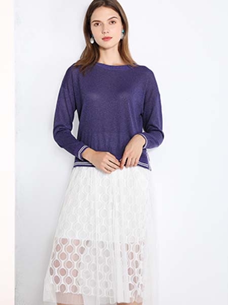 雅意娜菲女装品牌2020春夏圆领针织衫紫色