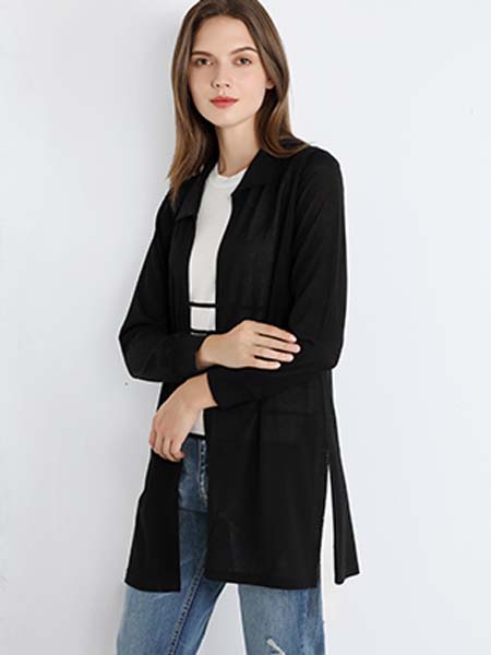 雅意娜菲女装品牌2020春夏黑色长款外套