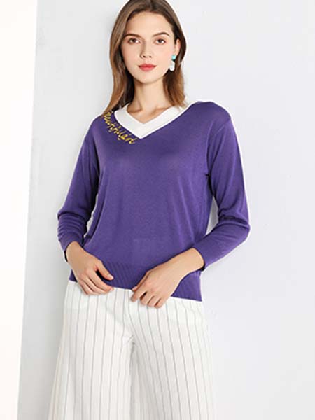 雅意娜菲女装品牌2020春夏白领边V领紫色T恤