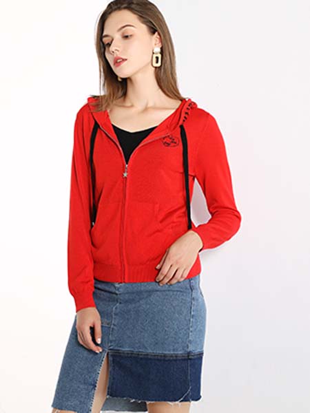 雅意娜菲女装品牌2020春夏连帽红色薄款外套