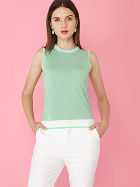 雅意娜菲女装品牌2020春夏无袖绿色背心