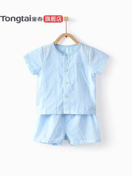 童泰童装品牌2020春夏蓝色3-18月男女宝宝纯棉纱布套装短袖对开套装