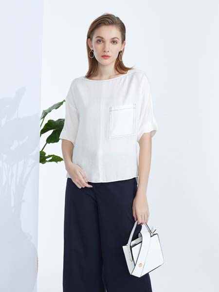 F.SHINE女装品牌2020春夏纯白色口袋雪纺衫T恤
