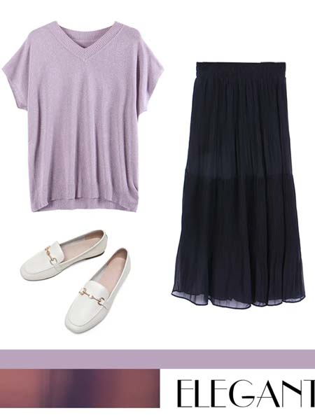 欧禾女装品牌2020春夏紫色针织衫黑色半裙