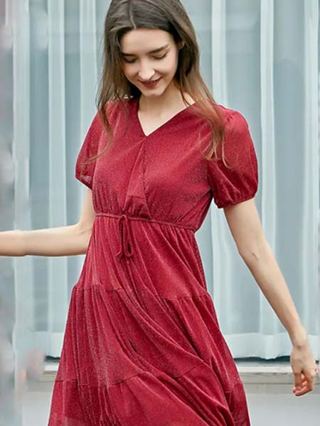 欧禾女装品牌2020春夏V领红色连衣裙