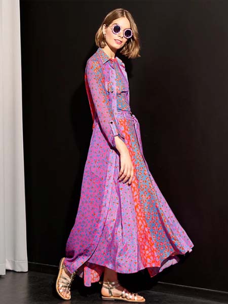 Tomcsanyi女装品牌2020春夏紫红色碎花长款连衣裙