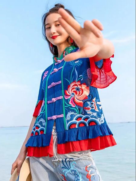 素萝女装品牌2020春夏民族风刺绣纯棉上衣