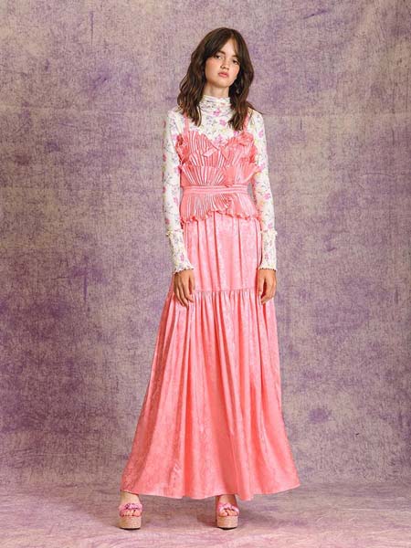 Manoush女装品牌2020春夏粉色吊带长款连衣裙内袋白色衣