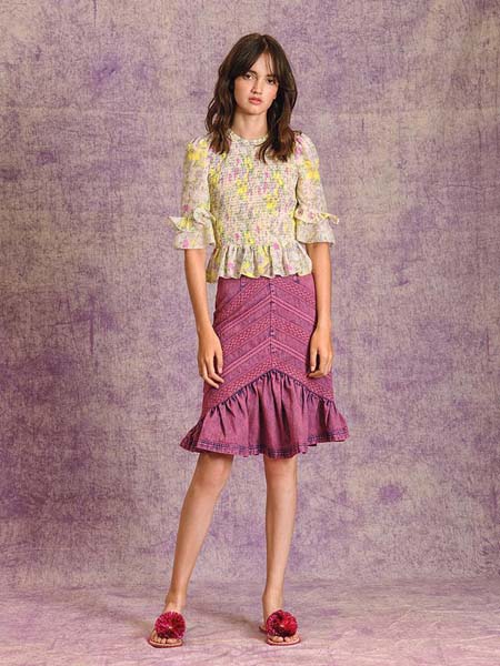 Manoush女装品牌2020春夏黄色碎花雪纺衫紫红色短裙
