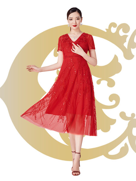 克劳西女装品牌2020春夏V领大红色连衣裙