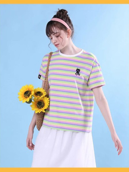 Azona A02阿桑娜 A02女装品牌2020春夏圆领条纹紫绿色T恤