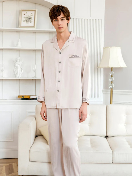 安妮芬内衣品牌2020春夏翻领米色男性睡衣冰丝