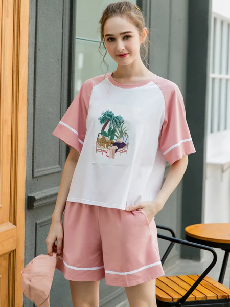 安妮芬内衣品牌2020春夏白色粉色袖子T恤短裤睡衣