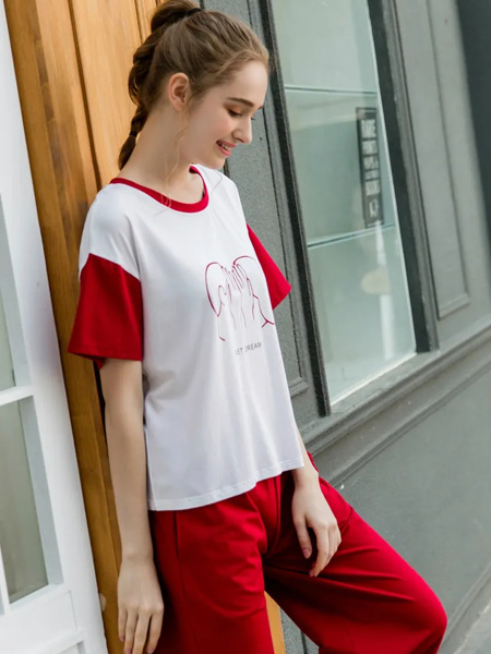 安妮芬内衣品牌2020春夏红袖白色T恤家居服睡衣短裤