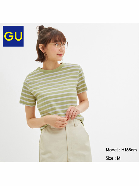GU极优女装品牌装条纹圆领T恤短袖新款经典款纯棉上衣