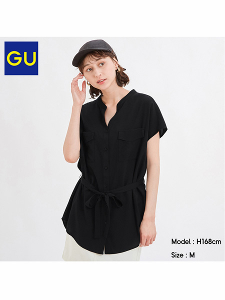 GU极优女装品牌双口袋长款衬衫短袖时尚工装风系带日系轻熟