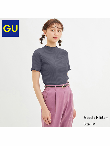GU极优女装品牌2020春夏女装罗纹紧身T恤短袖新款时尚洋气花边上衣