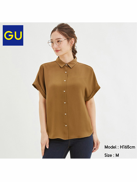 GU极优女装品牌2020春夏双口袋长款衬衫短袖时尚工装风系带日系轻熟