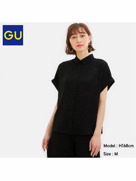 GU极优女装品牌2020春夏双口袋长款衬衫短袖时尚工装风系带日系轻熟
