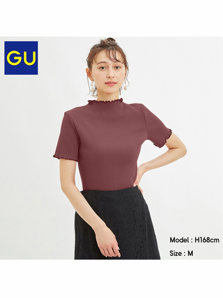 GU极优女装品牌2020春夏女装罗纹紧身T恤短袖新款时尚洋气花边上衣