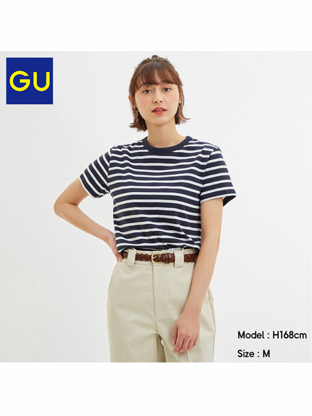 GU极优女装品牌2020春夏紧身条纹圆领短袖