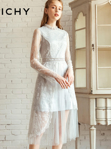CHICHY女装品牌2020春夏蕾丝网纱白色连衣裙