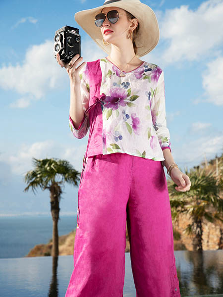卡米兰女装品牌2020春夏V领紫粉色雪纺衫长裤