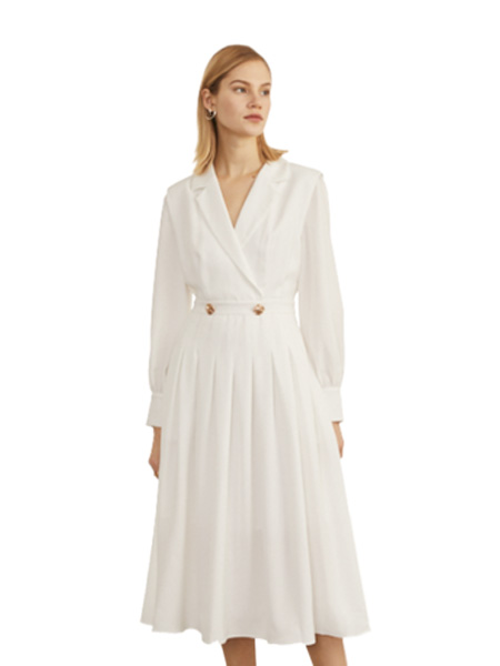 伊华·欧秀女装品牌2020春夏法式长裙复古赫本白色连衣裙西装优雅长裙