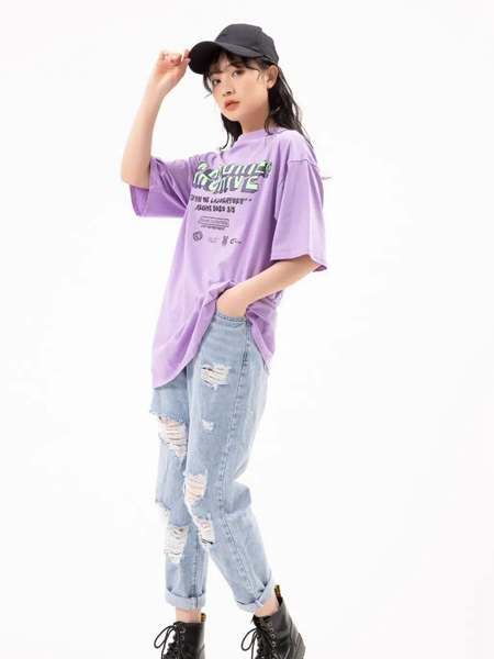 果一果女孩女装品牌2020春夏紫色长款T恤