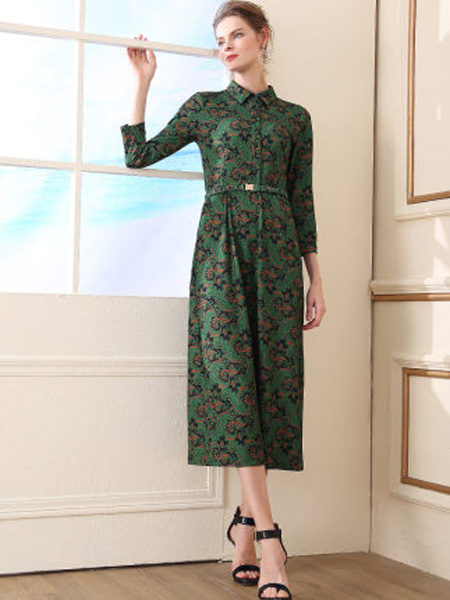 萨拉迪恩女装品牌2020春夏七分袖绿色连衣裙2020新款春款过膝长款气质polo领系带长裙修身