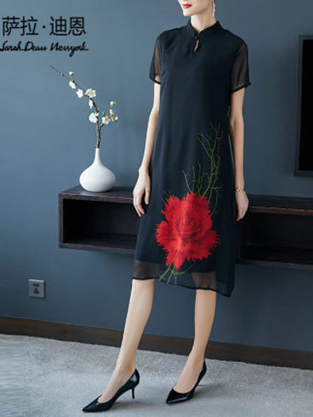 萨拉迪恩女装品牌2020春夏复古中国风新式旗袍改良版黑色印花雪纺连衣裙女夏