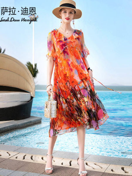 萨拉迪恩女装品牌2020春夏高档显瘦遮肚子中长款印花沙滩裙