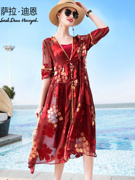 萨拉迪恩女装品牌2020春夏大码洋气肥mm两件套印花宽松桑蚕丝裙