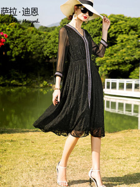 萨拉迪恩女装品牌2020春夏女长袖典雅法式中长款真丝裙