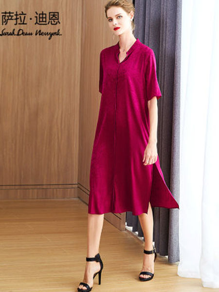 萨拉迪恩女装品牌2020春夏夏装简约玫红色桑蚕丝重磅真丝连衣裙女宽松短袖