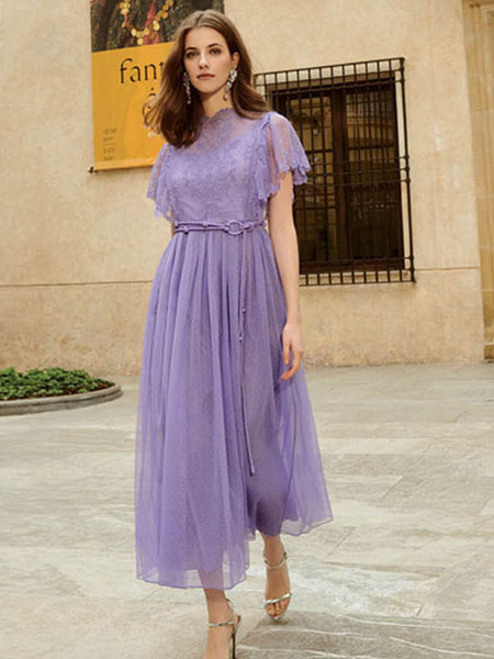 莫佐女装品牌2020夏紫色连衣裙网纱