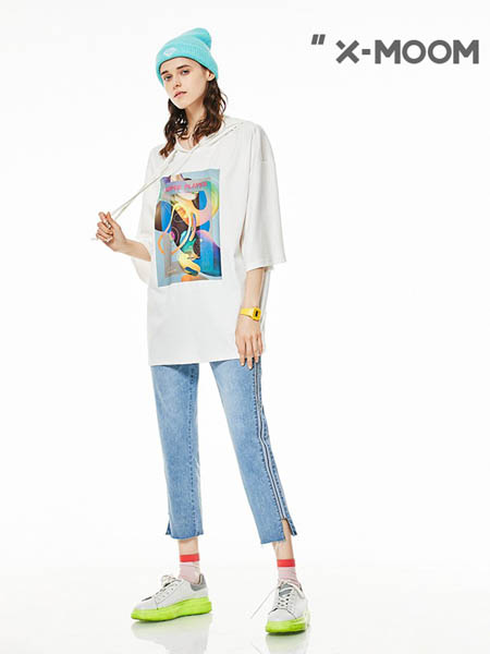 x-moom女装品牌2020春夏宽松七分袖圆领T恤