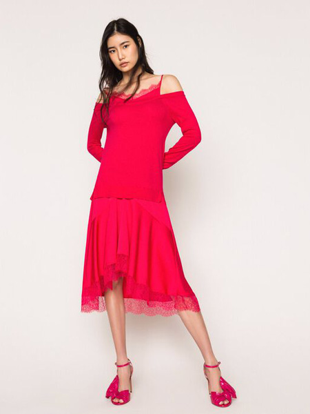 TWINSET女装品牌2020春夏露肩大红色针织衫半裙