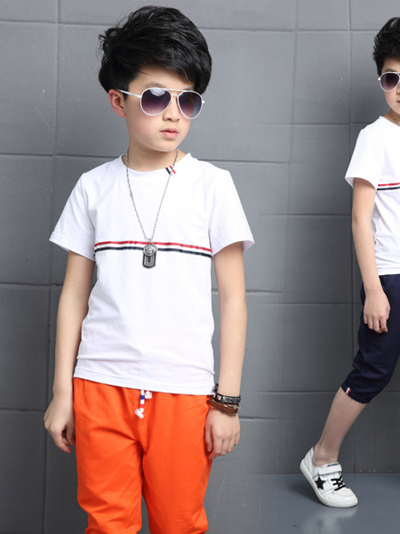 宾果童话童装品牌2020春夏白色T恤橙色长裤