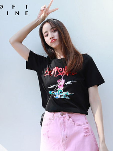 LOFT SHINE女装品牌2020春夏黑色短袖印花T恤