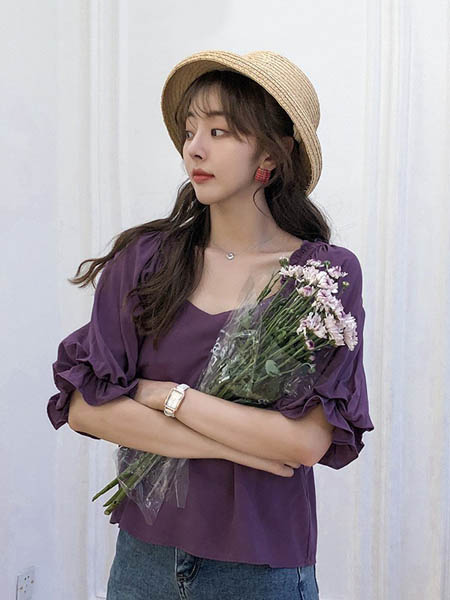 KRSEED女装品牌2020春夏温柔紫泡泡袖衬衫