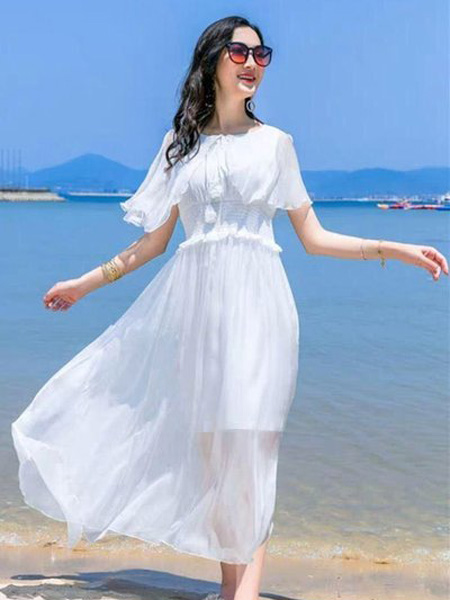 花月秋女装品牌2020春夏荷叶边白色纯色连衣裙