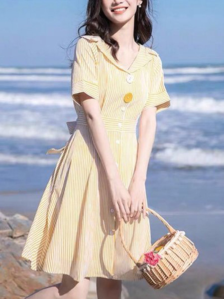 花月秋女装品牌2020春夏黄色竖纹连衣裙